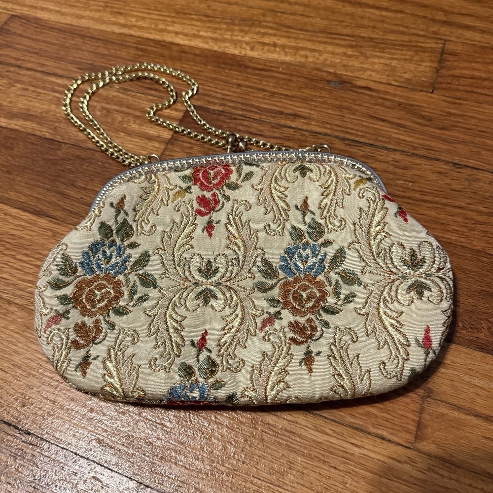 Vtg La Regale Yellow Gold Coin Purse‎ | Floral Small Shoulder Bag Chain Strap